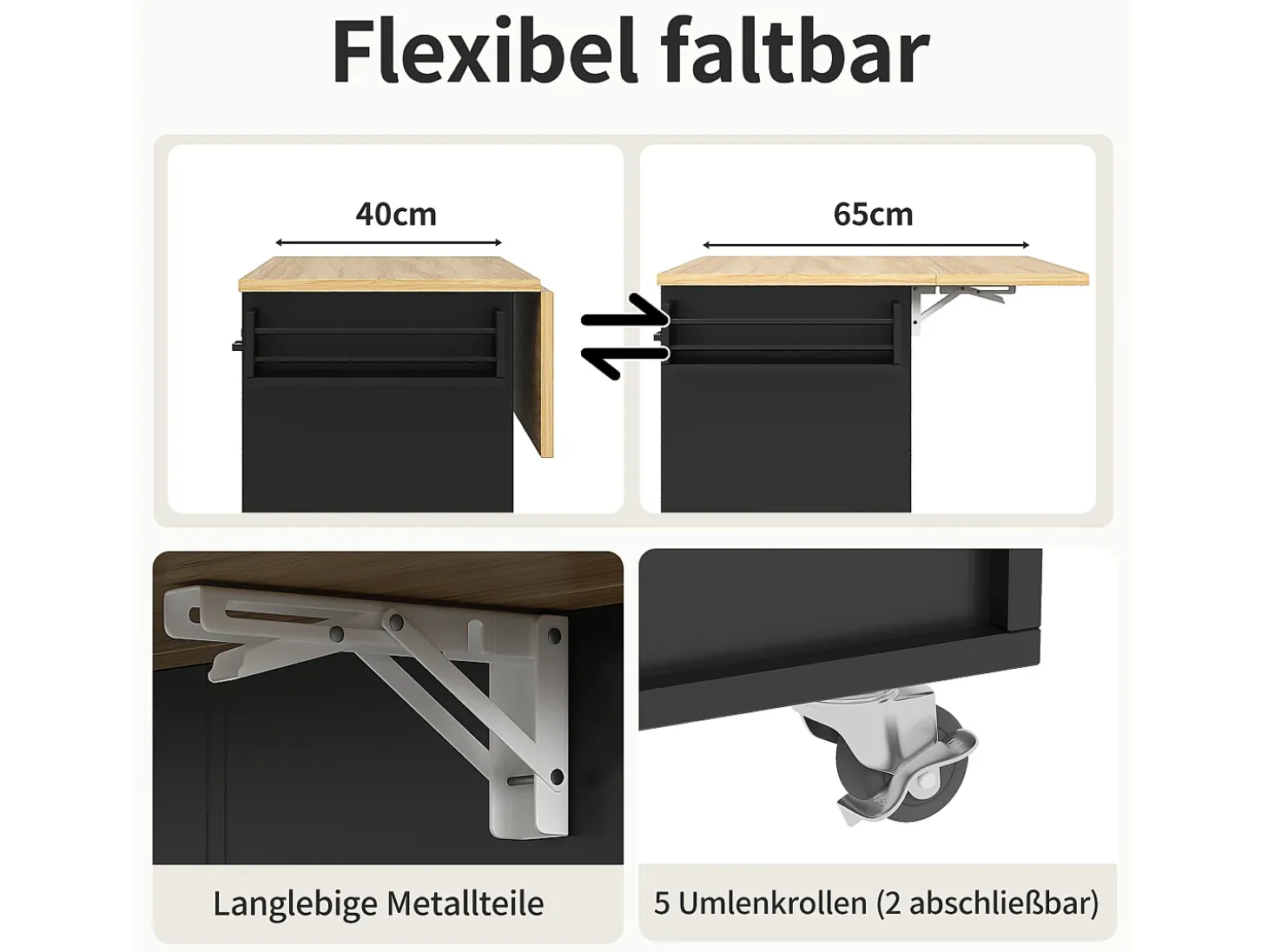 Carrito de cocina móvil con encimera, toallero y especiero, divisores ajustables, estructura de metal, negro (104 x 39,5 x 91,5 cm)