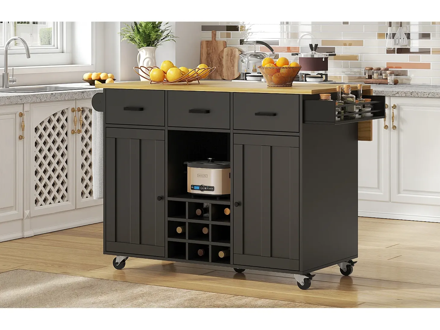 Carrito de cocina móvil con encimera, toallero y especiero, divisores ajustables, estructura de metal, negro (104 x 39,5 x 91,5 cm)