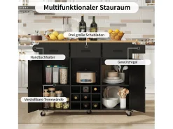 Carrito de cocina móvil con encimera, toallero y especiero, divisores ajustables, estructura de metal, negro (104 x 39,5 x 91,5 cm)