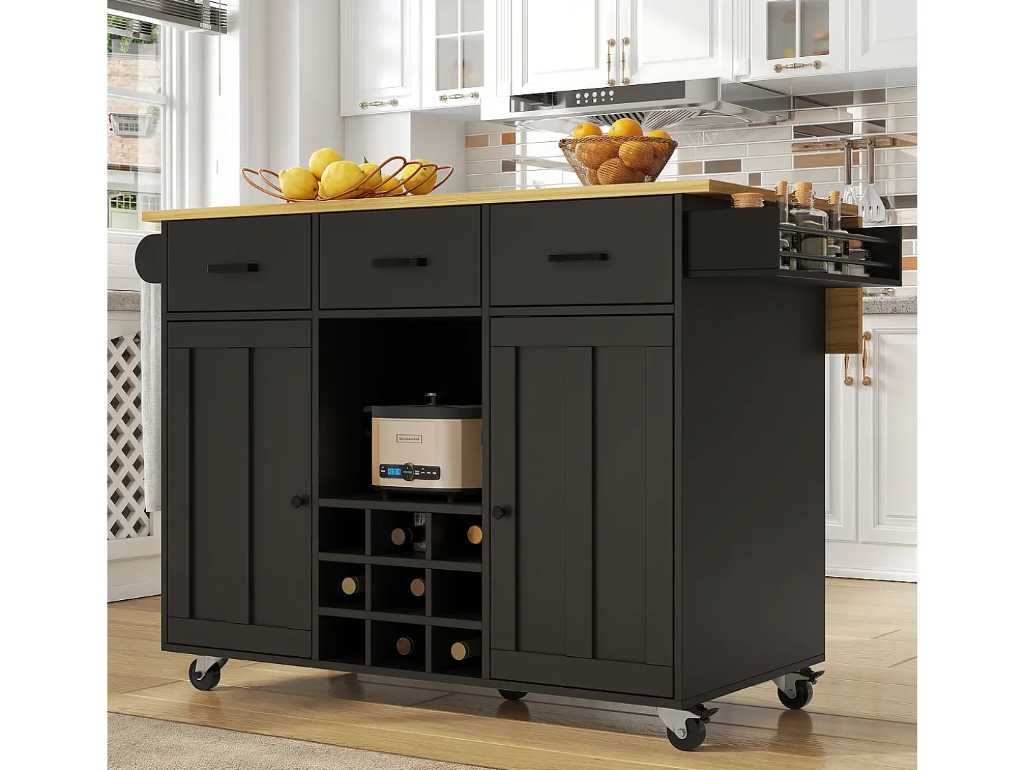 Carrito de cocina móvil con encimera, toallero y especiero, divisores ajustables, estructura de metal, negro (104 x 39,5 x 91,5 cm)
