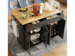 Carrito de cocina móvil negro - Isla de cocina con 2 cajones y 4 puertas - Especiero y toallero