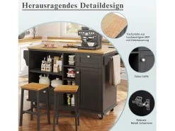 Carrito de cocina móvil negro moderno y sencillo con estantes y cajones, encimera de madera clara (129 x 46 x 92 cm)
