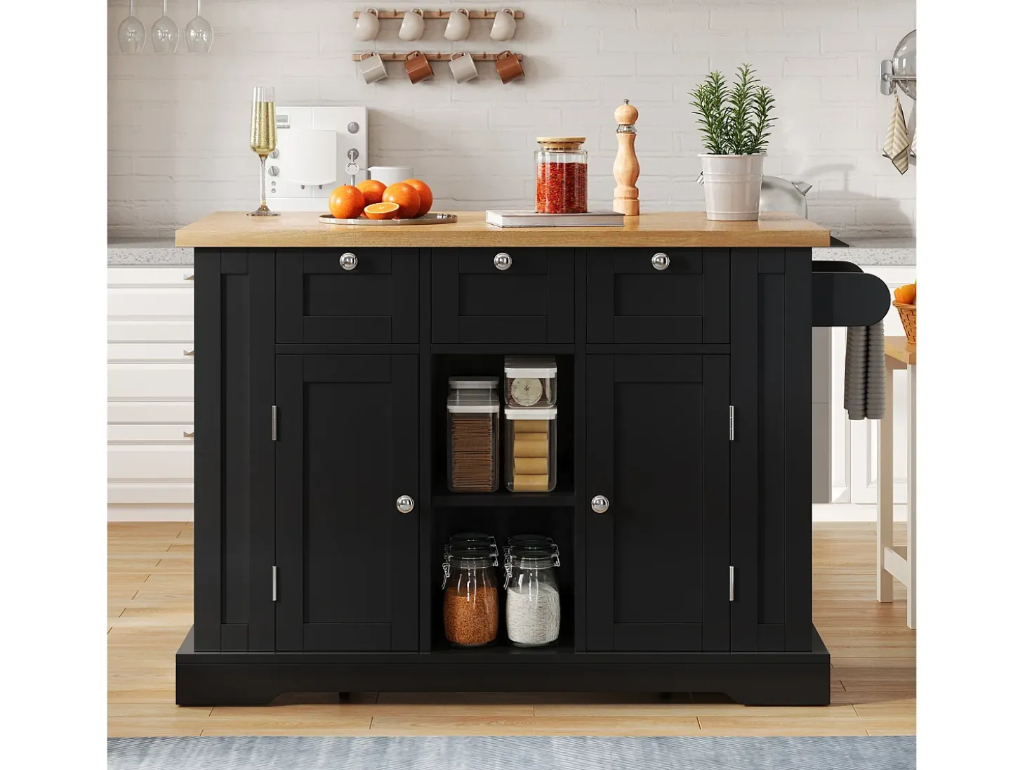 Carrito de cocina negro - Isla de cocina con 2 puertas y 3 cajones - Especiero y 5 ruedas - para cocina y comedor