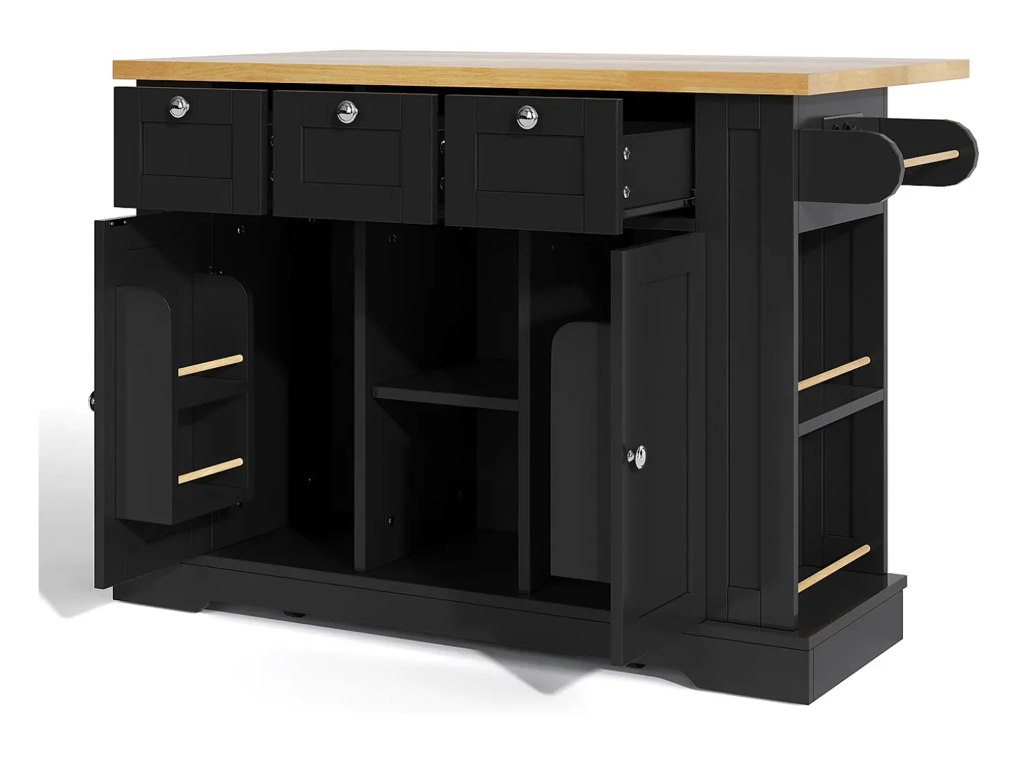 Carrito de cocina negro - Isla de cocina con 2 puertas y 3 cajones - Especiero y 5 ruedas - para cocina y comedor