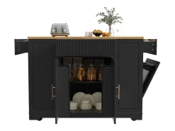 Carrito de cocina negro con 2 puertas, 3 cajones y compartimento para basura, tiradores de metal, superficie con veta de madera.