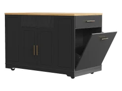 Carrito de cocina negro con 2 puertas, 3 cajones y compartimento para basura, tiradores de metal, superficie con veta de madera.