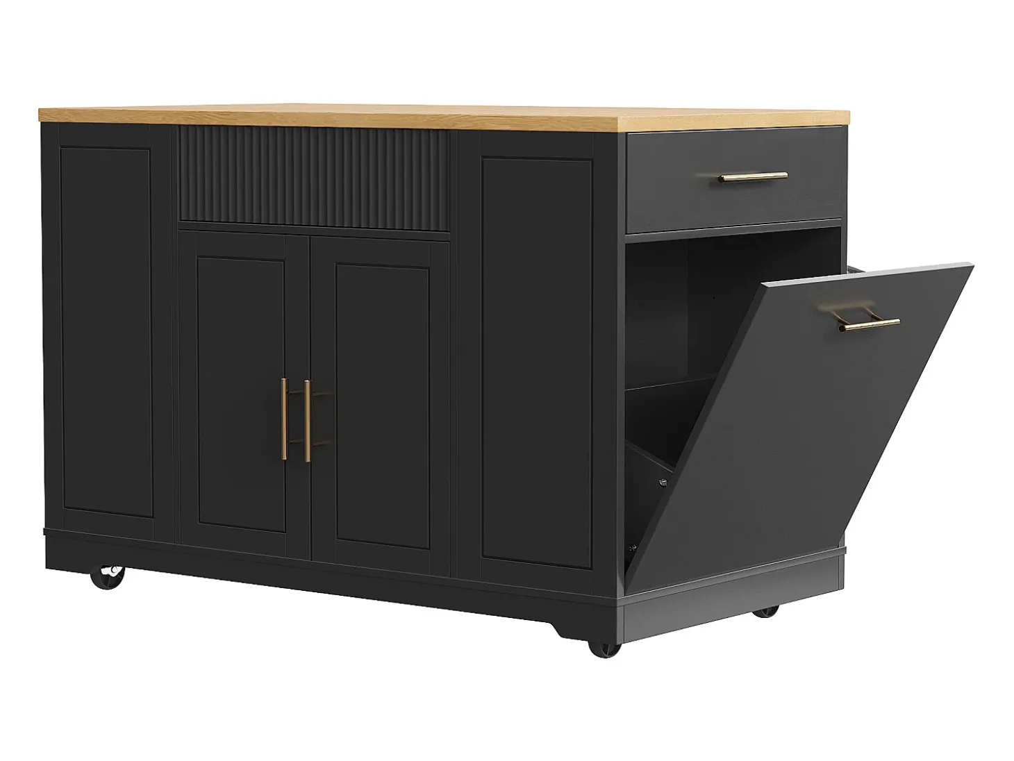Carrito de cocina negro con 2 puertas, 3 cajones y compartimento para basura, tiradores de metal, superficie con veta de madera.