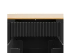 Carrito de cocina negro con 2 puertas, 3 cajones y compartimento para basura, tiradores de metal, superficie con veta de madera.