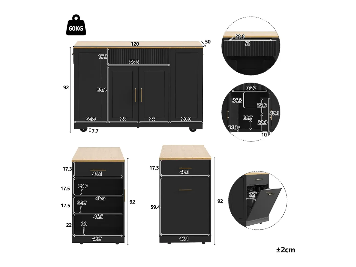 Carrito de cocina negro con 2 puertas, 3 cajones y compartimento para basura, tiradores de metal, superficie con veta de madera.