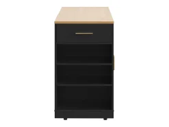 Carrito de cocina negro con 2 puertas, 3 cajones y compartimento para basura, tiradores de metal, superficie con veta de madera.