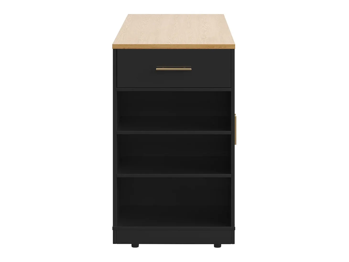 Carrito de cocina negro con 2 puertas, 3 cajones y compartimento para basura, tiradores de metal, superficie con veta de madera.