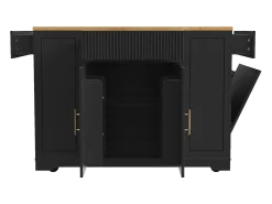 Carrito de cocina negro con 2 puertas, 3 cajones y compartimento para basura, tiradores de metal, superficie con veta de madera.