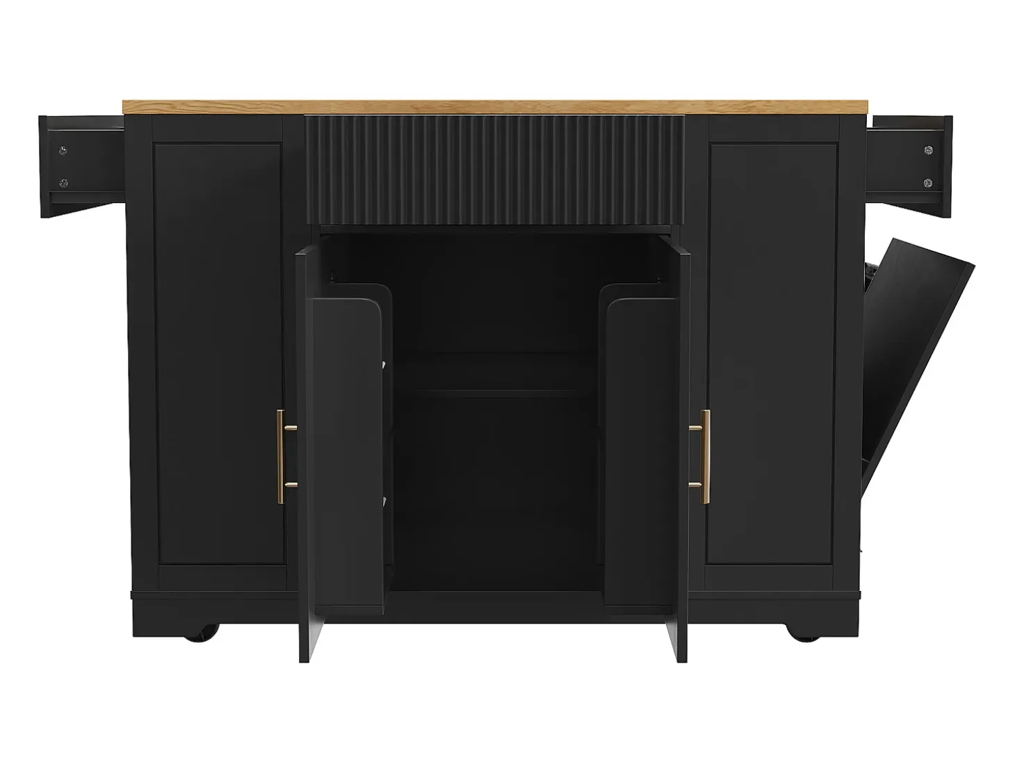 Carrito de cocina negro con 2 puertas, 3 cajones y compartimento para basura, tiradores de metal, superficie con veta de madera.