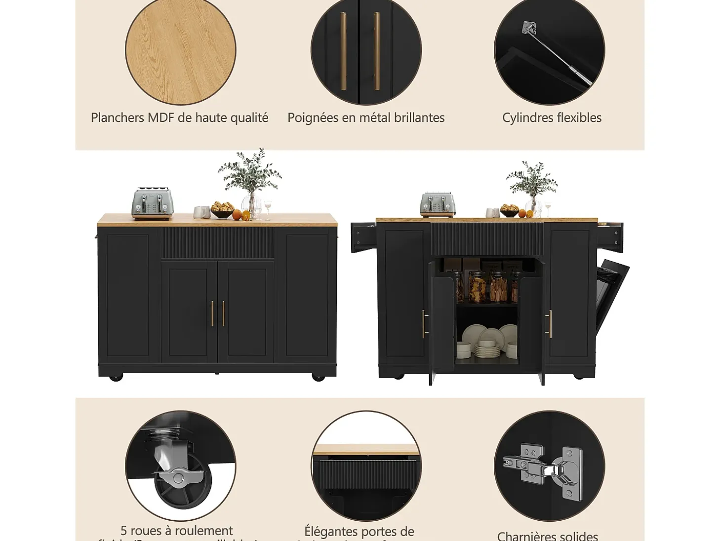 Carrito de cocina negro con 2 puertas, 3 cajones y compartimento para basura, tiradores de metal, superficie con veta de madera.
