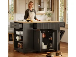 Carrito de cocina negro con 2 puertas, 3 cajones y compartimento para basura, tiradores de metal, superficie con veta de madera.