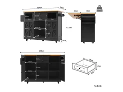 Carrito de cocina negro con encimera de madera, toallero y estantes ajustables