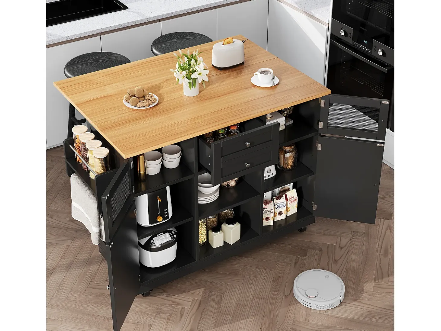 Carrito de cocina negro con encimera de madera, toallero y estantes ajustables