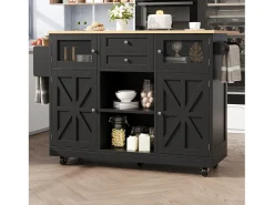 Carrito de cocina negro con encimera de madera, toallero y estantes ajustables