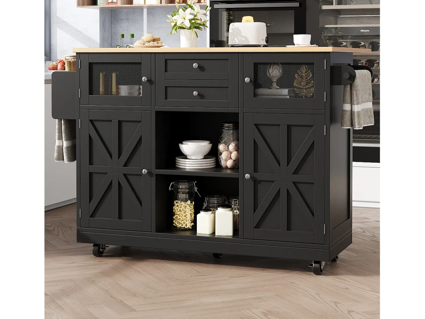 Carrito de cocina negro con encimera de madera, toallero y estantes ajustables