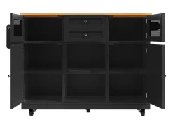 Carrito de cocina negro con encimera de madera, toallero y estantes ajustables