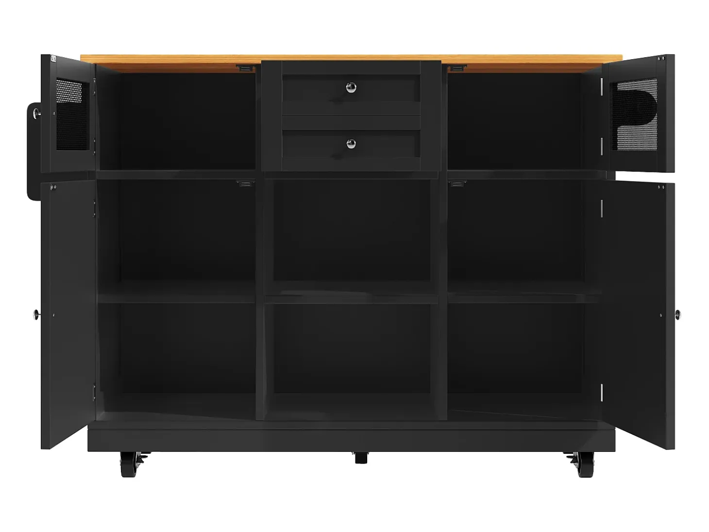 Carrito de cocina negro con encimera de madera, toallero y estantes ajustables