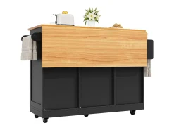 Carrito de cocina negro con encimera de madera, toallero y estantes ajustables