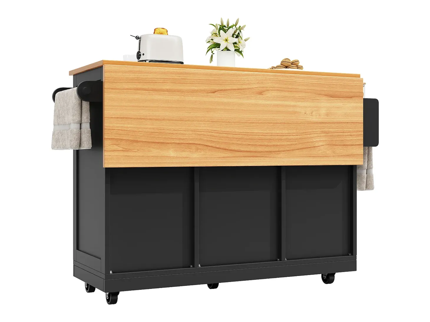 Carrito de cocina negro con encimera de madera, toallero y estantes ajustables