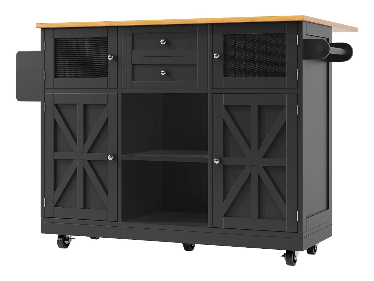 Carrito de cocina negro con encimera de madera, toallero y estantes ajustables