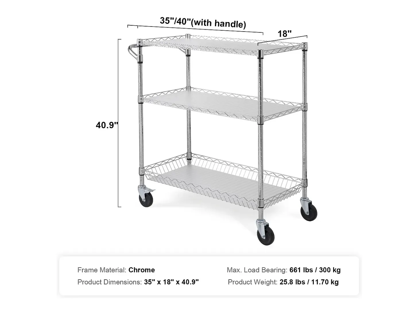 Carrito de Cocina SucceBuy de 3 Niveles con Ruedas, 89 × 46 × 90 cm, 300 kg, 6 Ganchos