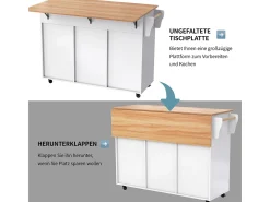 Carrito de comedor con tablero plegable, 5 ruedas, color blanco