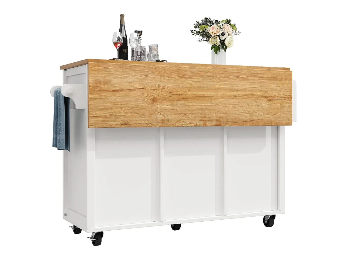 Carrito de servicio blanco - Carrito de servicio con 2 cajones y 2 puertas - especiero y botellero - para comedor