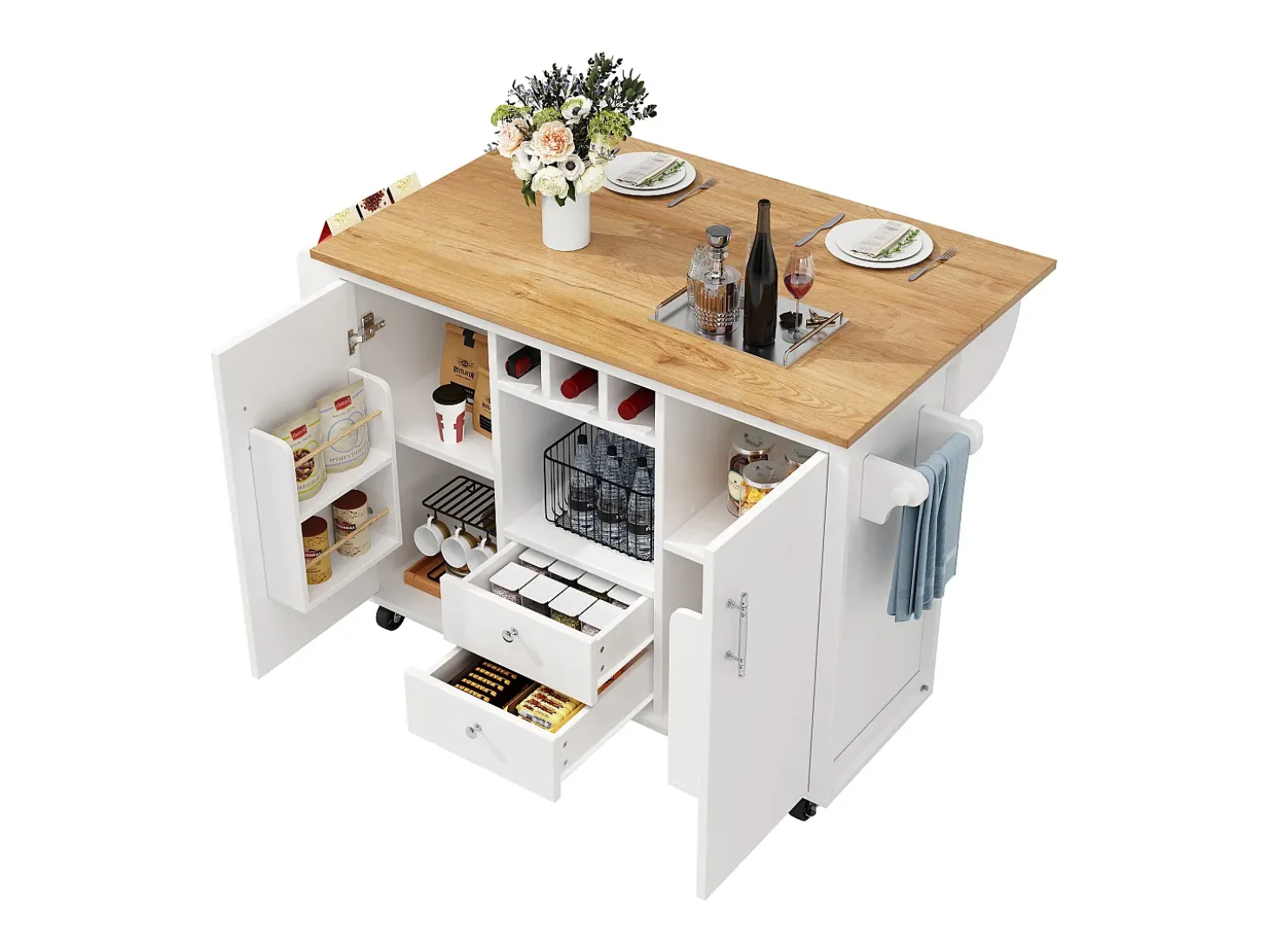 Carrito de servicio blanco - Carrito de servicio con 2 cajones y 2 puertas - especiero y botellero - para comedor