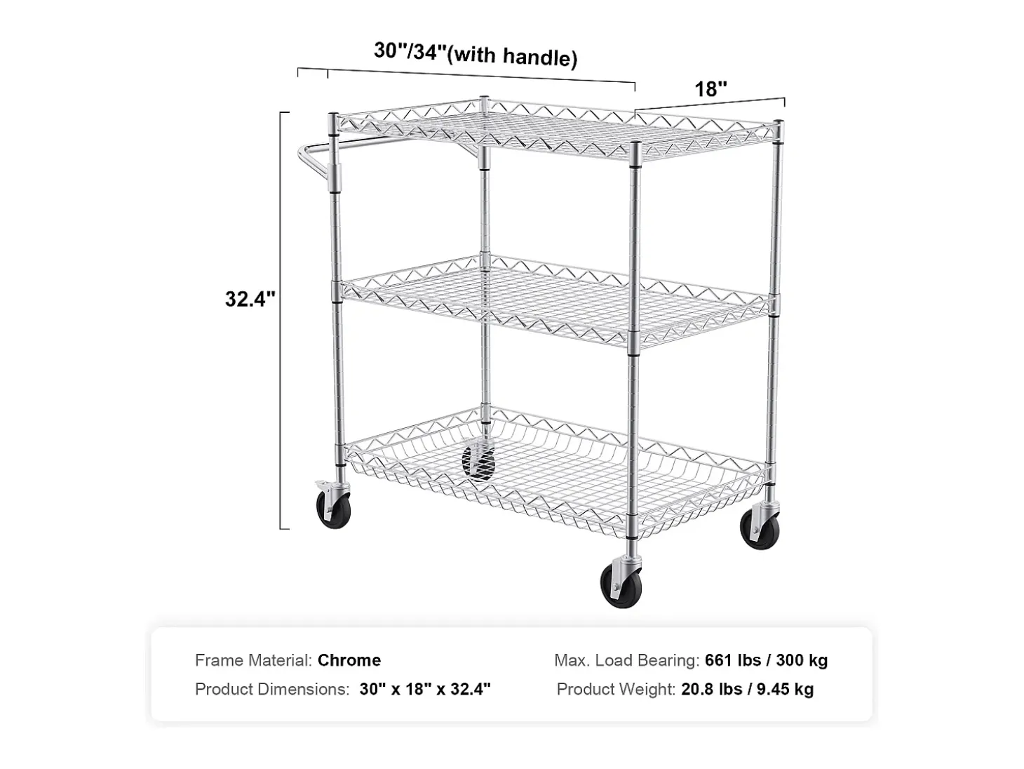 Carrito utilitario SucceBuy 76,2 x 45,7 x 82,3 cm 300 kg 3 niveles 6 ganchos con ruedas
