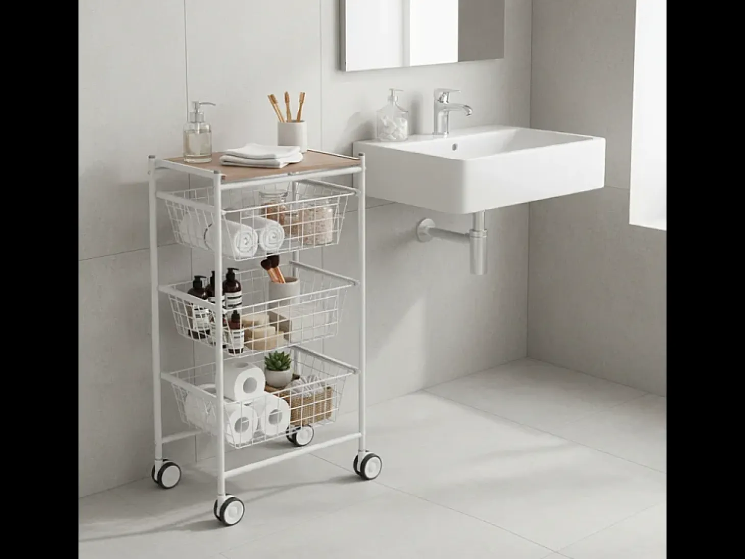 Carrito verdulero con 3 cestas extraíbles grandes- Blanco-Haya - 81*43,7*32,5 cm - AXO