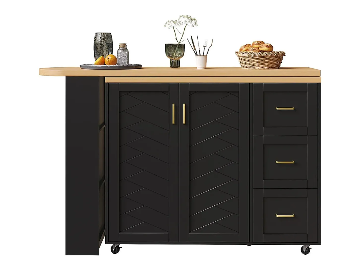 Carro de bar extensible con 2 puertas y 3 cajones, con ruedas, mostrador exterior de madera, negro