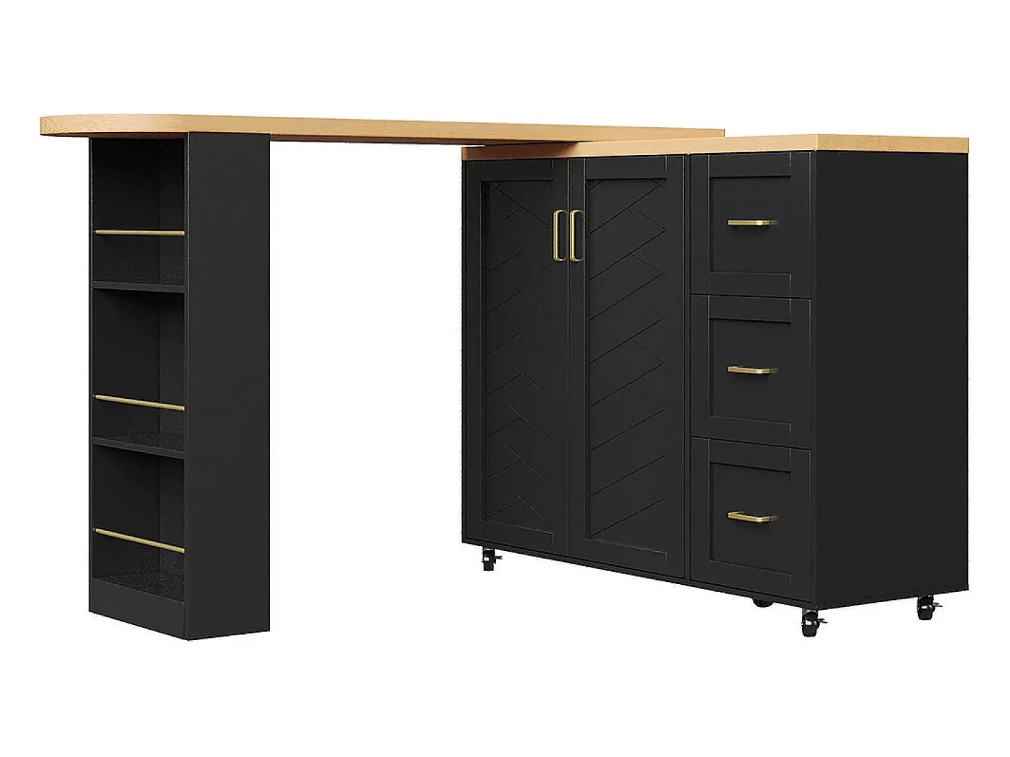 Carro de bar extensible con 2 puertas y 3 cajones, con ruedas, mostrador exterior de madera, negro