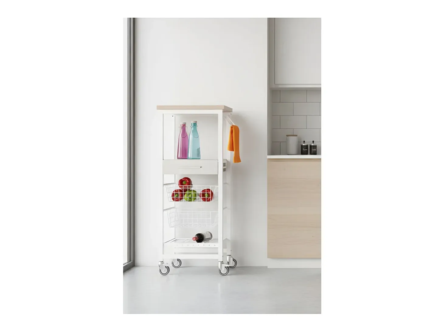 Carro de cocina alto, Carro Verdulero - color Blanco, Inox, Olmo - 123*48,5*34 cm - ONDA ALTO