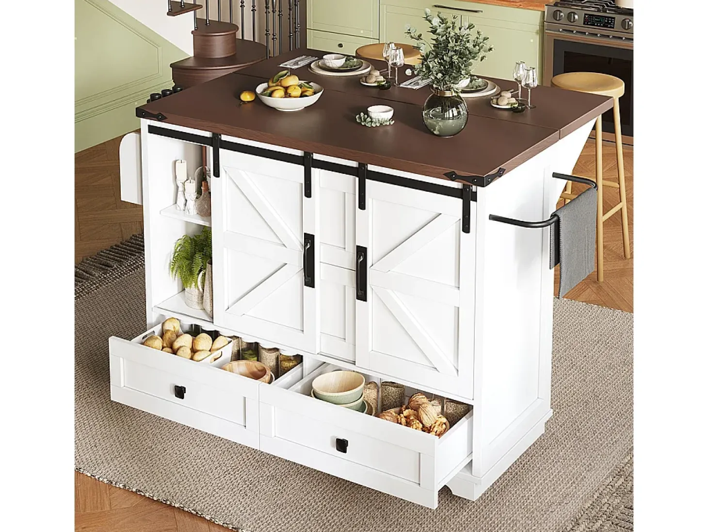 Carro de cocina con mesa plegable; isla de cocina móvil, barra; con tres cajones y dos puertas de armario, blanco