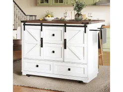 Carro de cocina con mesa plegable; isla de cocina móvil, barra; con tres cajones y dos puertas de armario, blanco