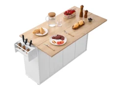 Carro de Cocina SucceBuy con Ruedas, 153 cm de Ancho, Isla Central Móvil con Tapa Abatible, 2 Cajones, para Comedor y Despensa