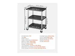 Carro de Servicio SucceBuy Carro Utilitario con Ruedas de Plástico Resistente de 3 Niveles con Ruedas Giratorias de 360° (2 con Frenos), 695 x 460 x 825 mm