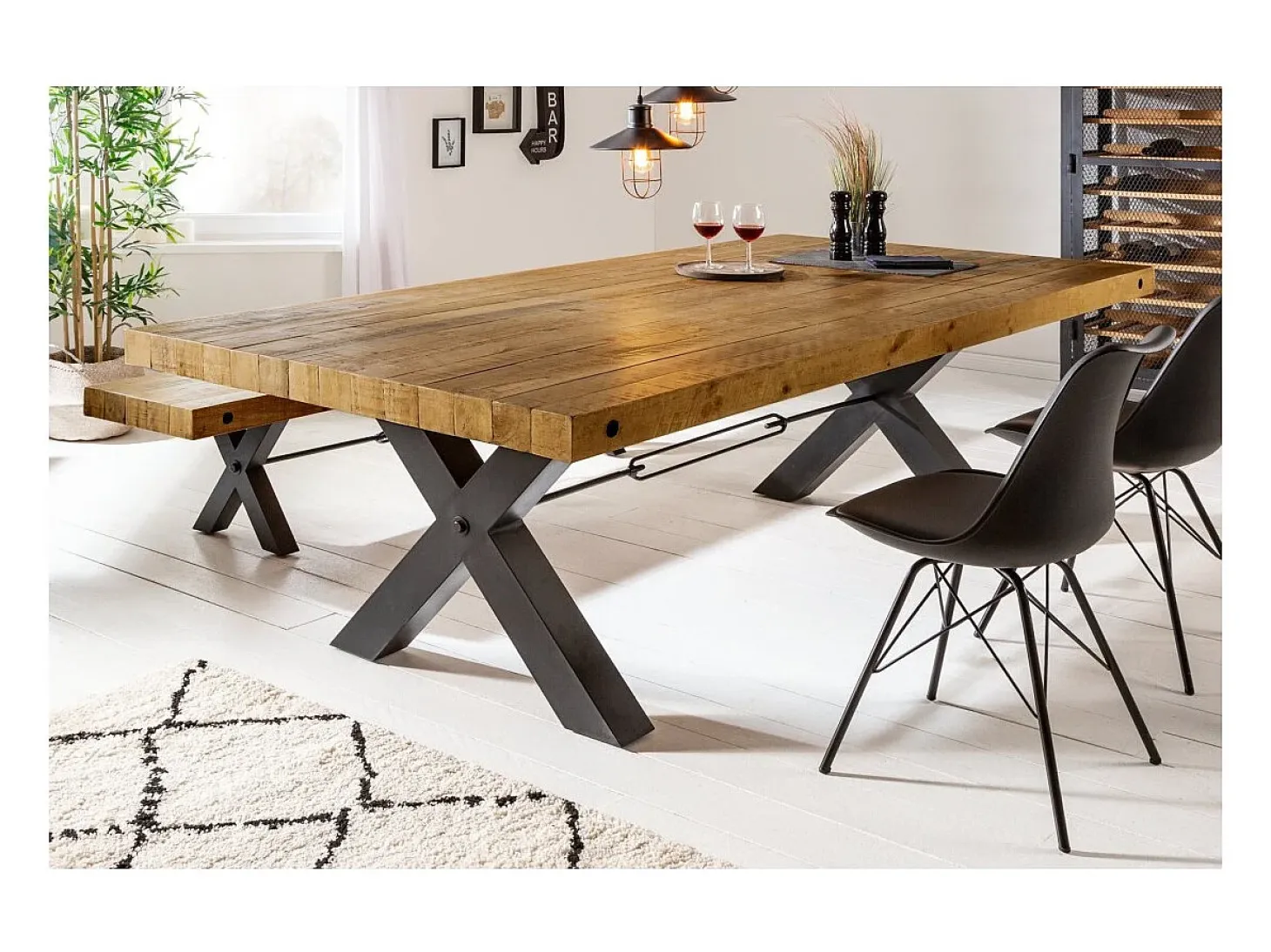 CAVARA – Madera de pino reciclado barnizado y metal negro – 240 cm – Estilo industrial