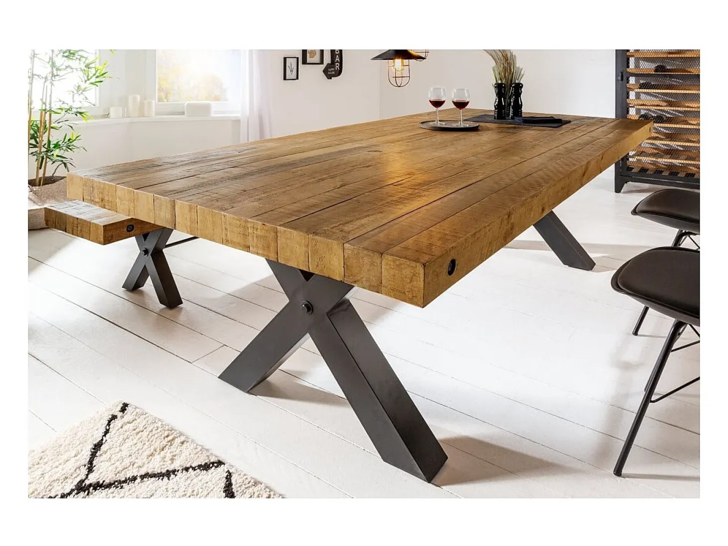 CAVARA – Madera de pino reciclado barnizado y metal negro – 240 cm – Estilo industrial