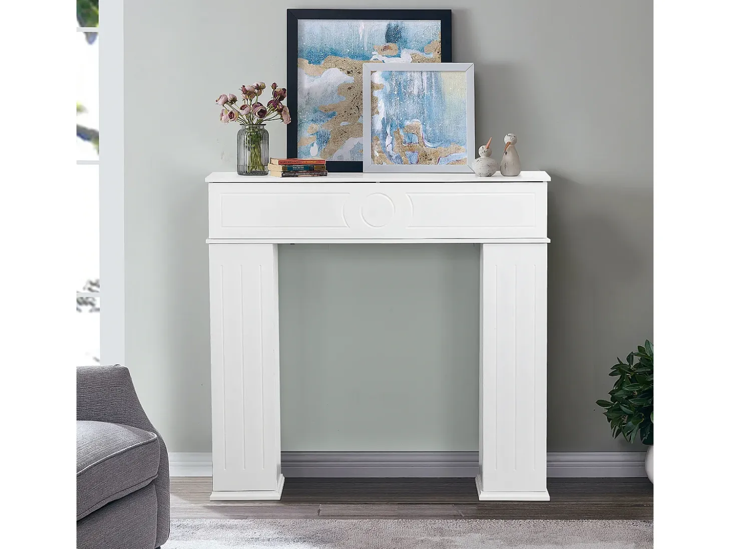 Chimenea con espacio de almacenamiento y estantes - 107 x 100 x 18 cm - Blanco