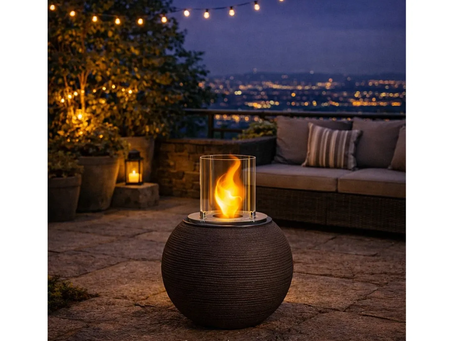 Chimenea de bioetanol, brasero de jardín, de pie, para uso interior y exterior, BOTTICELLI Terra Marrone, d.40 x h.54