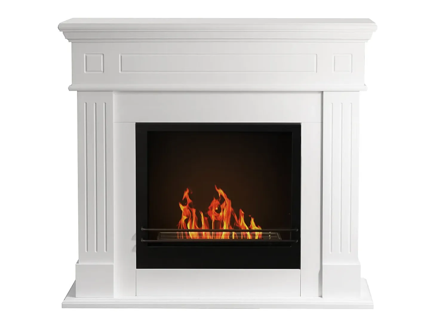 Chimenea de bioetanol Cambridge, de pie, en madera blanca, 110 x 37 x 102 cm.