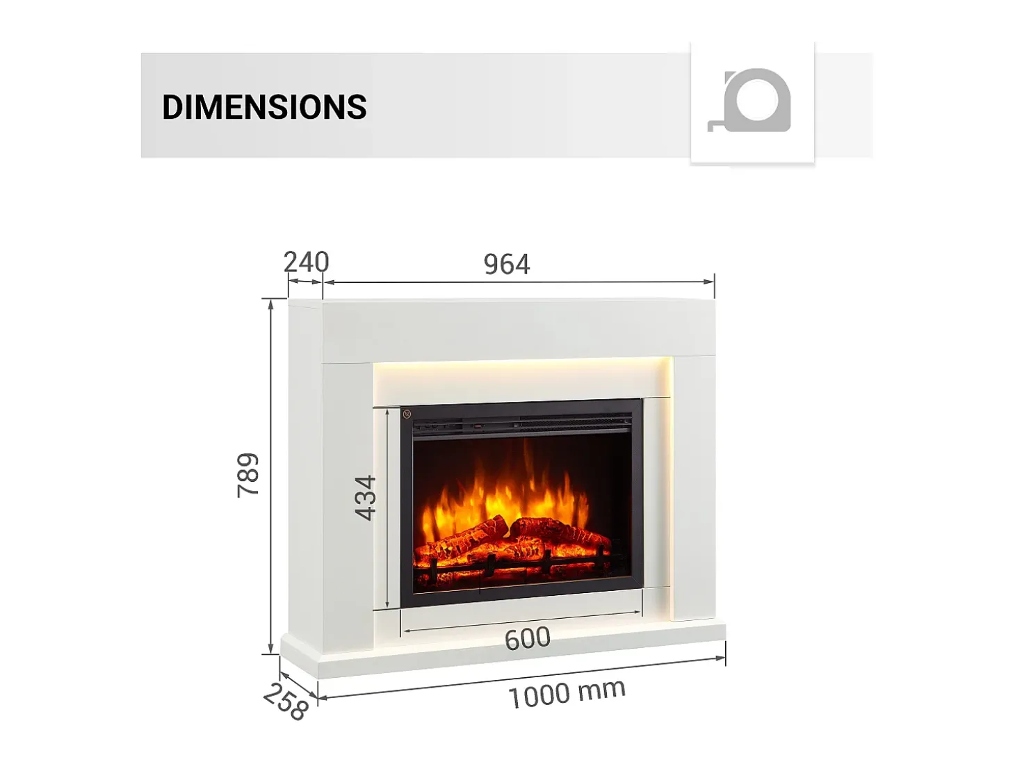 Chimenea eléctrica BALDERIA Elektra ñEfecto llama 3D, iluminación LED, potencia calorífica 1ñ2 kW, mando a distancia - Blanco