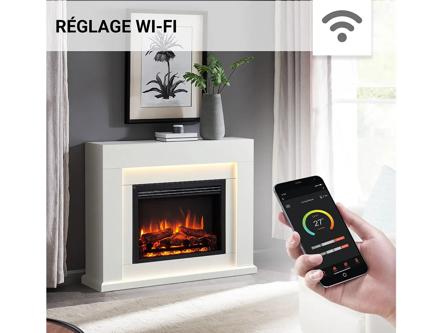 Chimenea eléctrica BALDERIA Elektra ñEfecto llama 3D, iluminación LED, potencia calorífica 1ñ2 kW, mando a distancia - Blanco