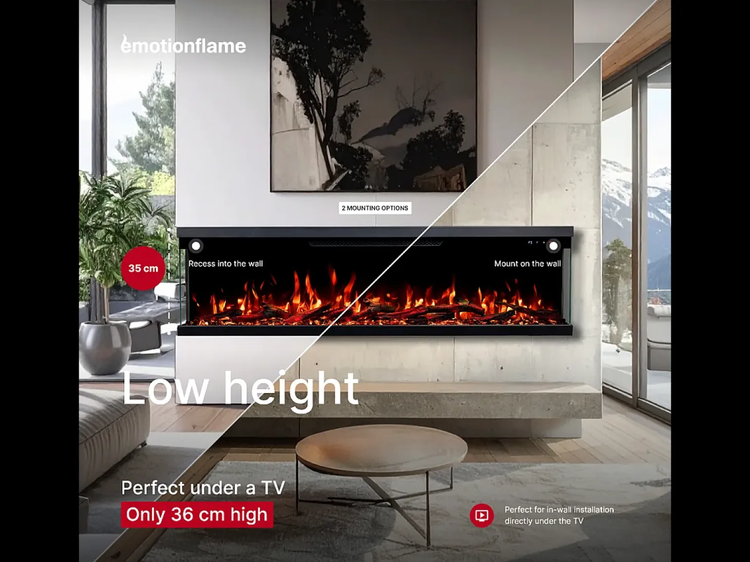 Chimenea eléctrica de 3 caras UNITY 127 - fuego premium, de pared o empotrada - 127x19x36 cm - LED decorativa con calefacción 900/1800W