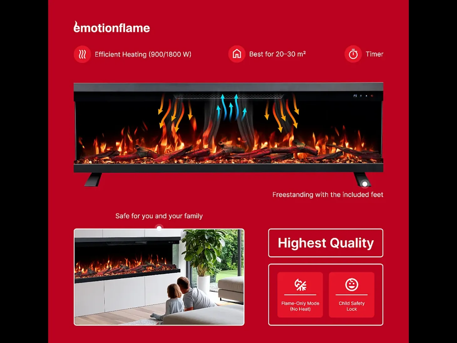 Chimenea eléctrica de 3 caras UNITY 127 - fuego premium, de pared o empotrada - 127x19x36 cm - LED decorativa con calefacción 900/1800W